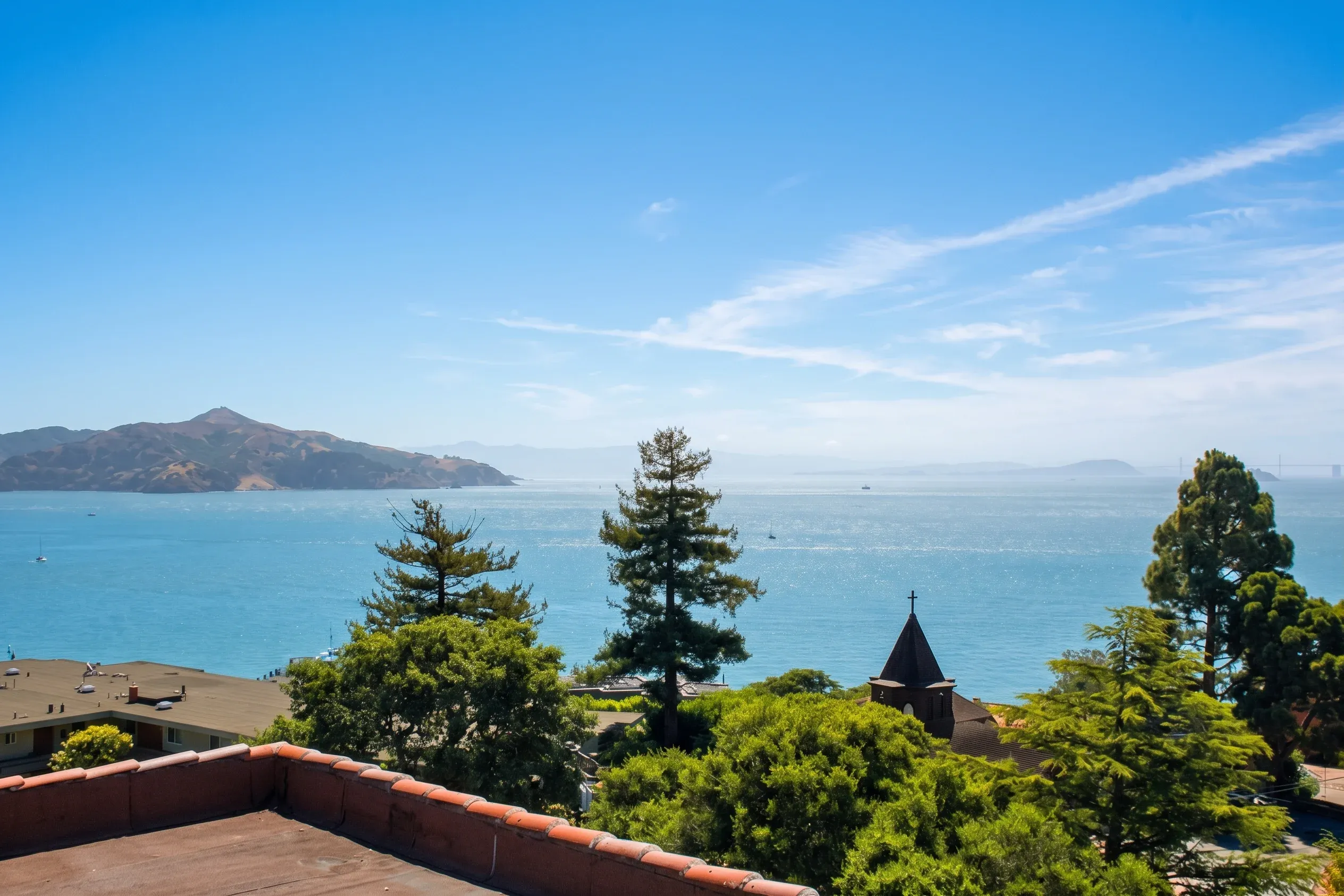 San Francisco Bay and Angel Island seen over the trees from Alta Mira