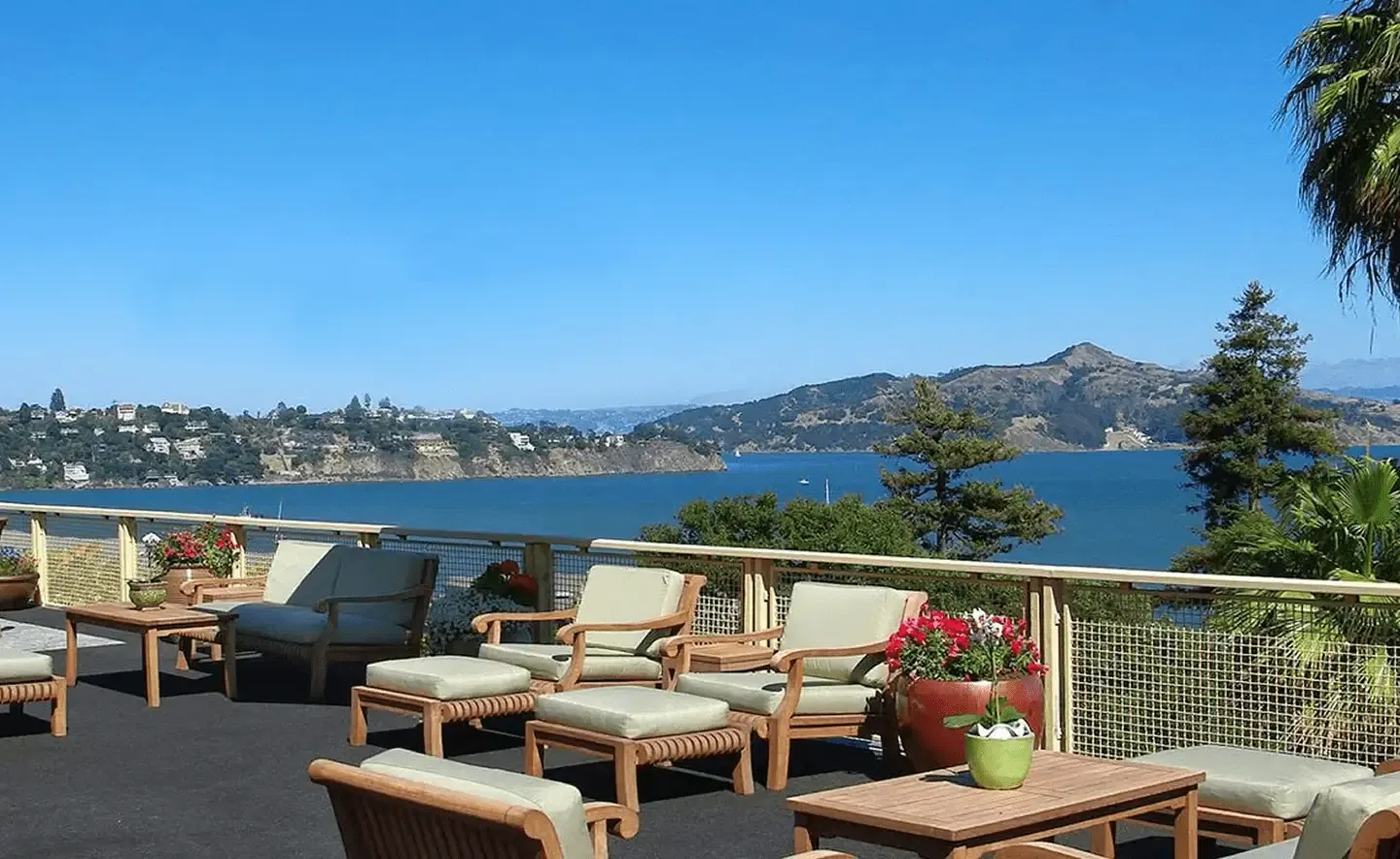 Terrace lounge chairs looking across Richardson Bay toward Tiburon