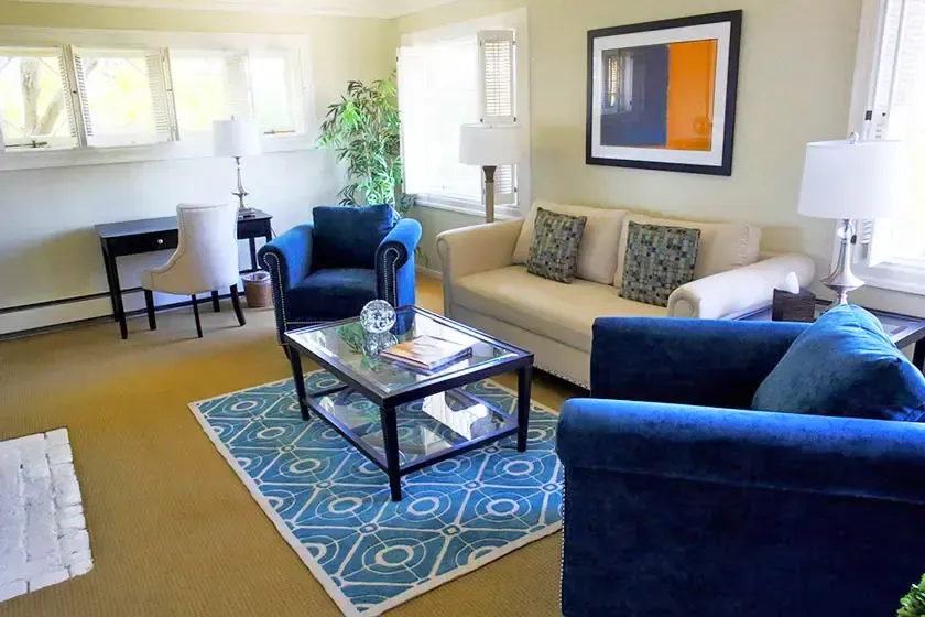 Living room with blue sofas and a patterned rug