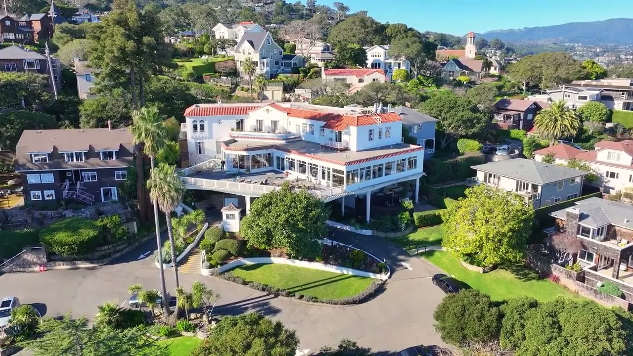 Aerial view of the Alta Mira campus and its gardens in Sausalito